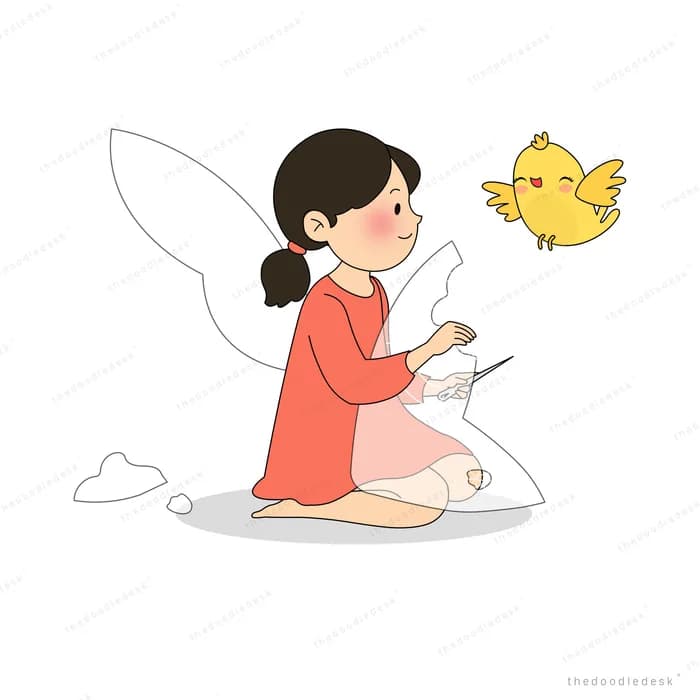Winged fairy girl watching two yellow chicks flutter beside her