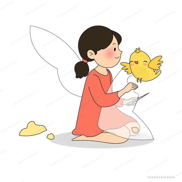 Winged fairy girl nose to nose with a yellow chick on her hand