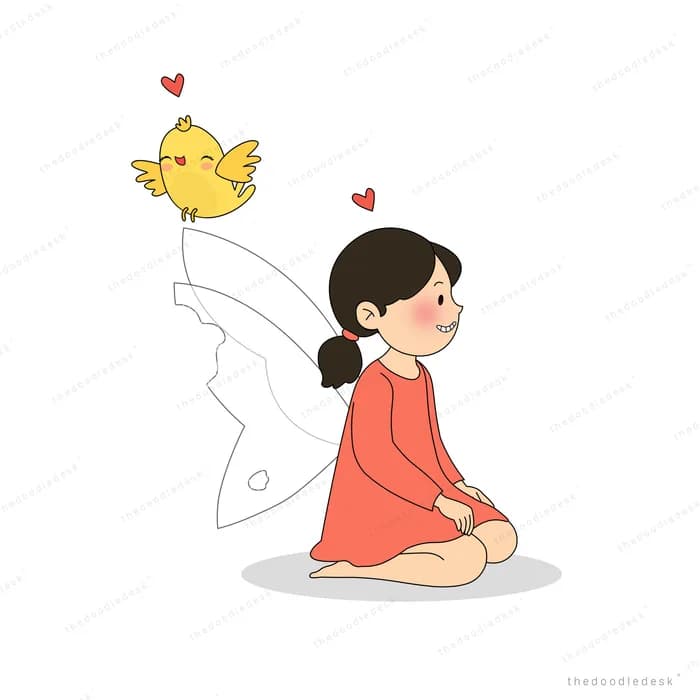 Winged fairy girl sitting as a yellow chick flies above her with a heart