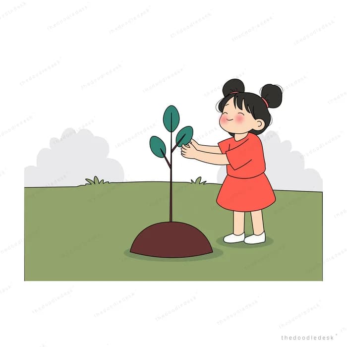 Girl in a red dress tending a young sapling on a mound of soil before green hills