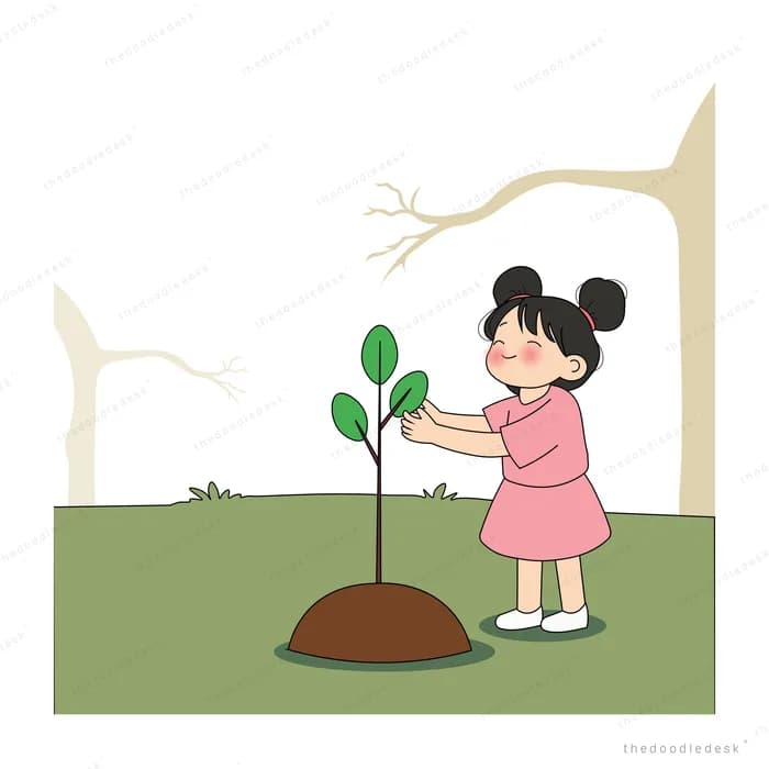 Girl in a pink dress tending a sapling on a soil mound before green hills