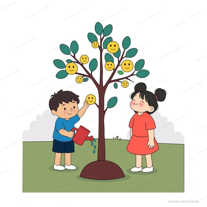Boy watering a tree hung with smiling yellow fruit while a girl in red watches