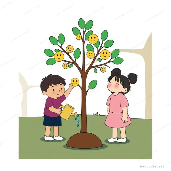 Boy watering a smiley-fruit tree with a girl in pink standing beside him