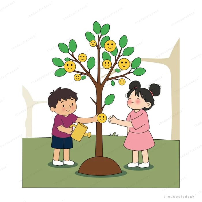 Girl in pink plucking a smiley fruit from the tree while the boy waters it