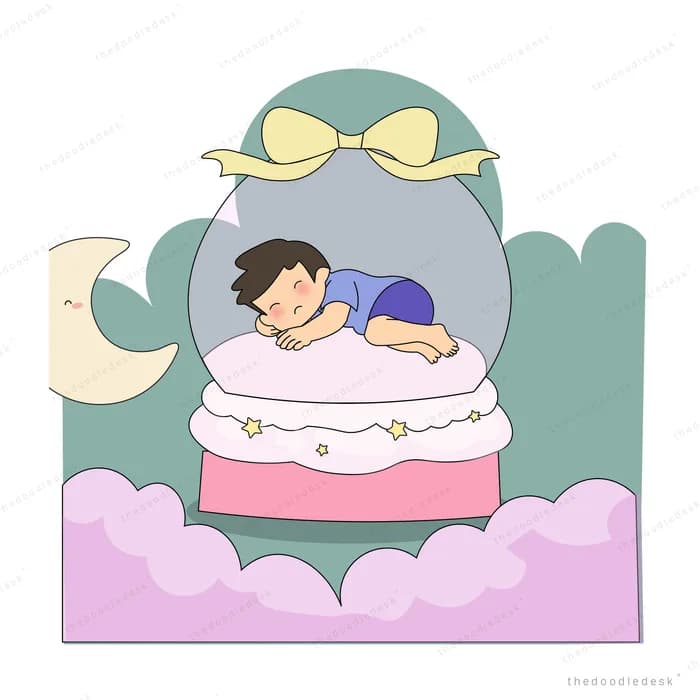 Boy sleeping on top of a glass snow globe with a yellow bow beside a crescent moon