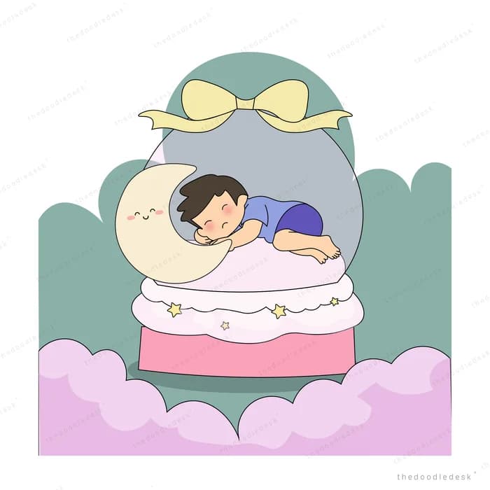 Boy asleep over a glass dome topped with a bow on pink clouds beside a crescent moon
