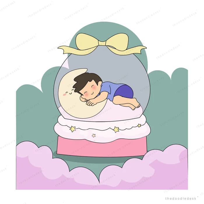 Boy napping on a bow-tied glass globe floating on pink clouds with a crescent moon