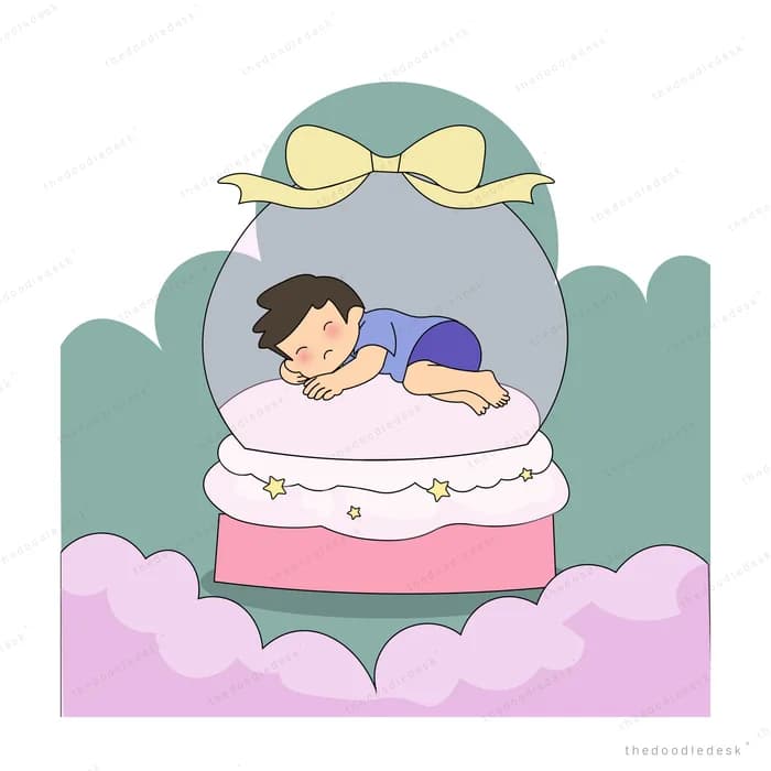 Boy sleeping on a glass snow globe with a bow amid pink clouds and a crescent moon