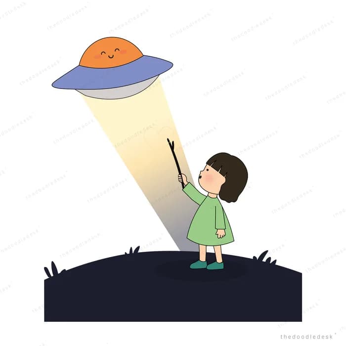 Girl on a dark hill pointing a stick at a flying saucer shining a beam down on her