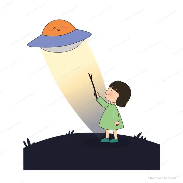 Girl reaching up toward a ufo whose light beam falls across the dark hill