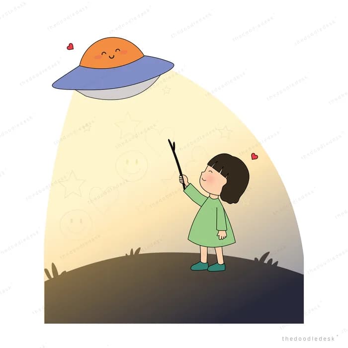 Girl standing in a wide ufo spotlight on a hill reaching a stick toward the ship