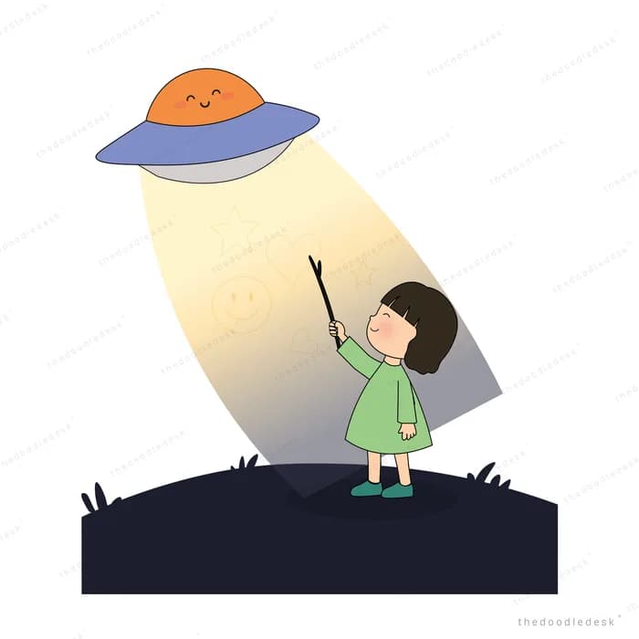 Girl on a dark hill raising a stick into the beam of a hovering flying saucer