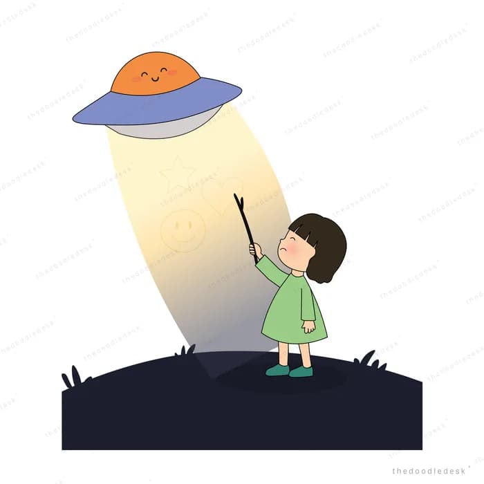 Girl standing on a dark hill looking up at a ufo shining a light on her