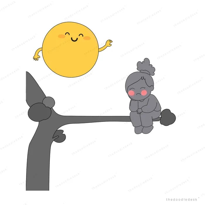 Child in grey on a branch beside a big smiling yellow sun and grey rocks