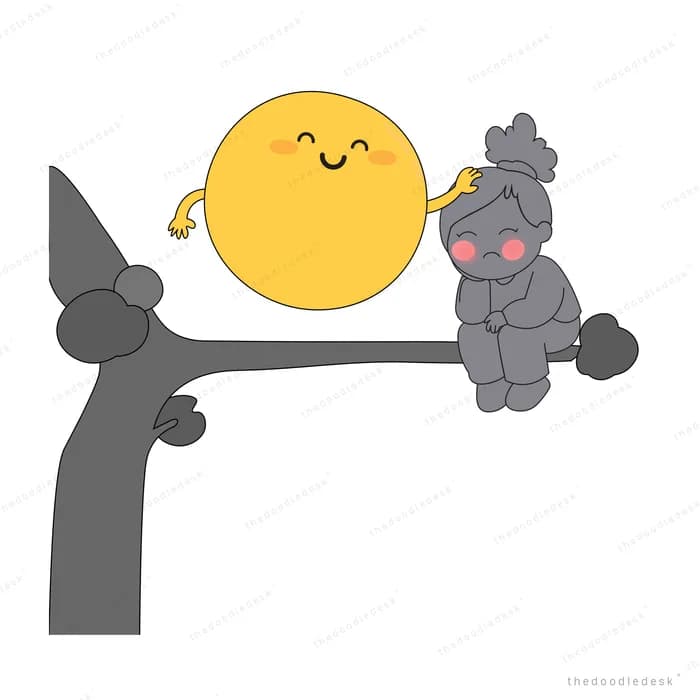 Child sitting on a branch next to a grinning yellow sun with rocks floating below