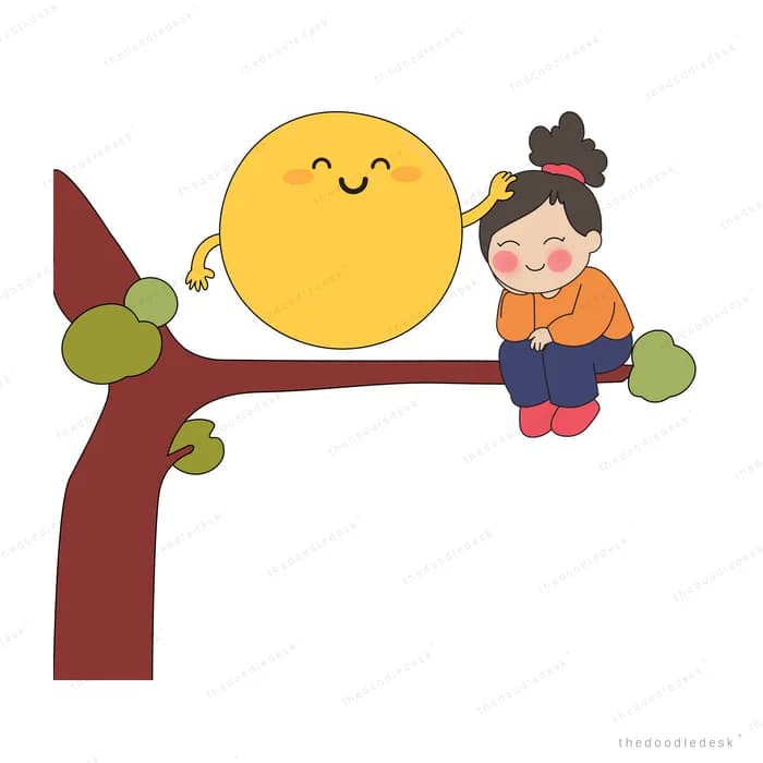 Child in an orange jumper straddling a branch beside a smiling sun and green leaves