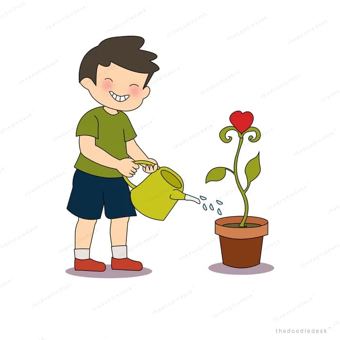 Boy in a green shirt watering a potted red rose with a green watering can