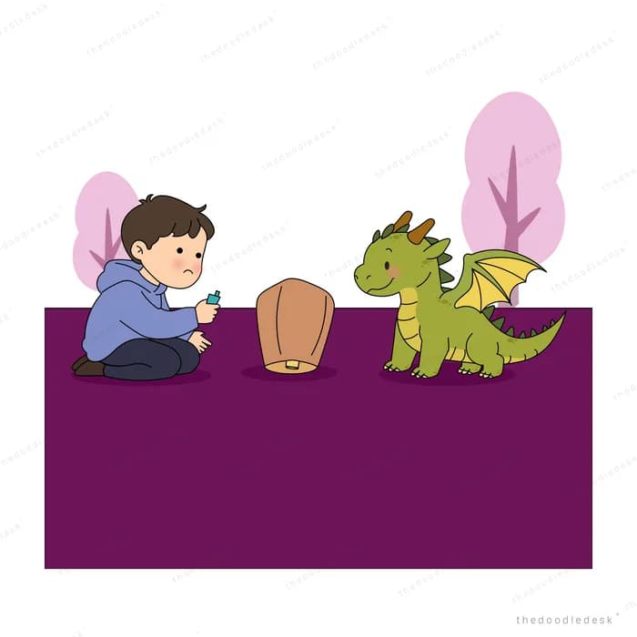 Boy with a paper lantern beside a small green dragon under pink blossom trees
