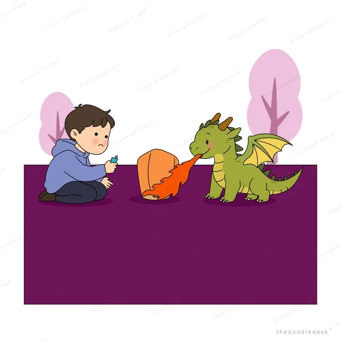 Boy lighting an orange paper lantern while a green dragon watches