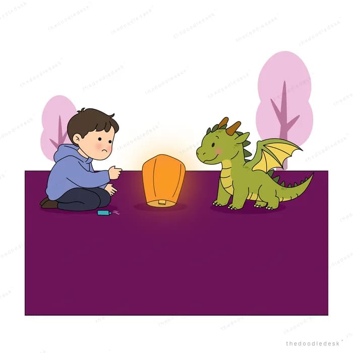 Boy and a green dragon beside a glowing sky lantern on purple ground