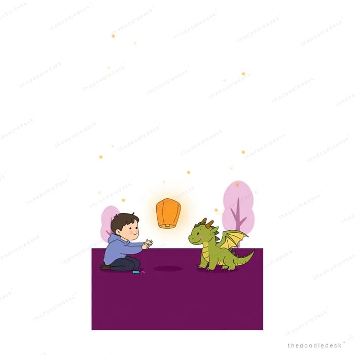 Boy releasing a glowing paper lantern beside a small green dragon