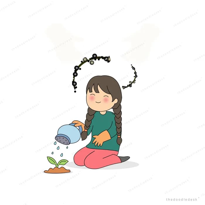 Girl kneeling to water a tiny sprout with a blue watering can