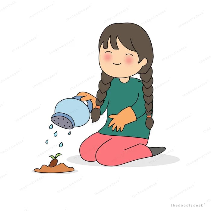 Girl pouring water from a blue can onto a small seedling