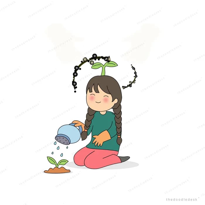 Girl watering a sprout that has grown taller than her head