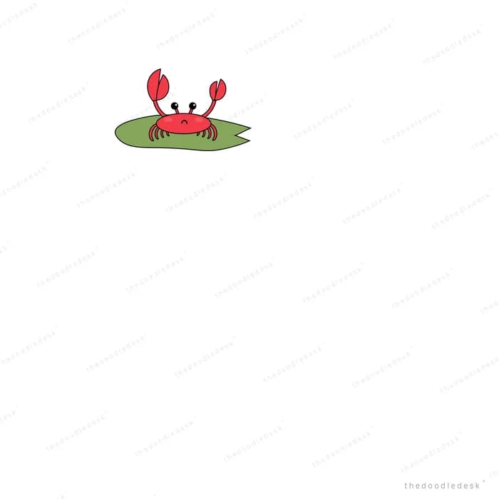A tiny red crab riding a green leaf on an otherwise empty field