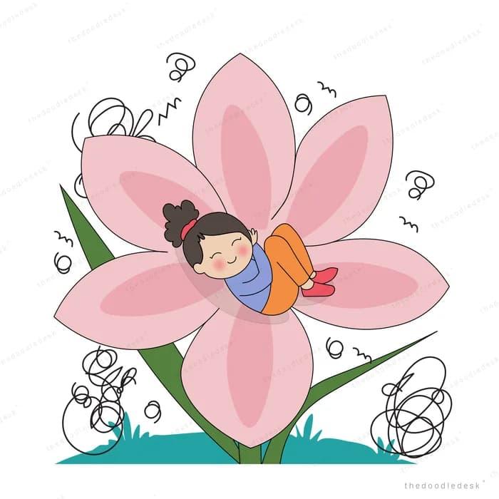 Boy curled asleep inside a large pink blossom with insects buzzing around