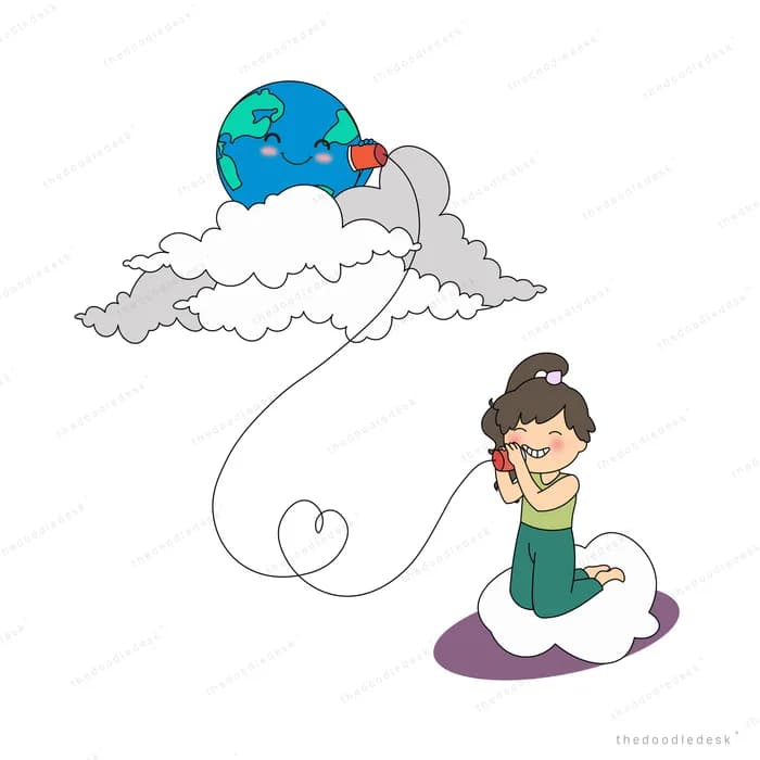 Boy sitting on a cloud watching a blue cloud creature trail a ghostly whale