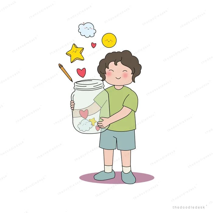 Boy holding a glass jar from which a star, sun and heart float out