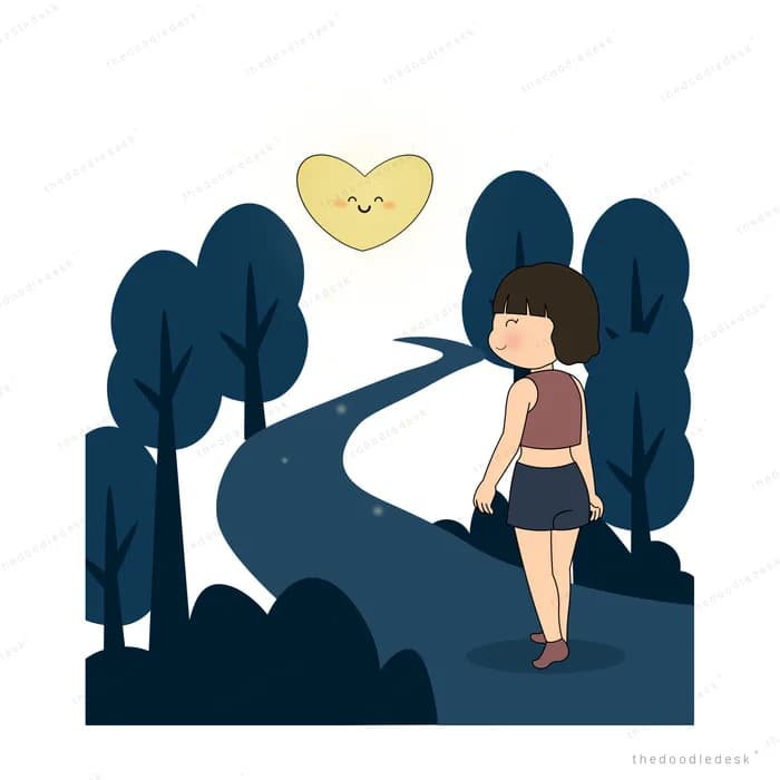 Girl walking a dark forest path under a heart-shaped moon