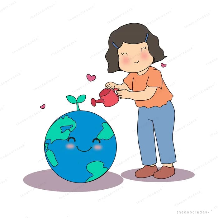Girl watering a sprout growing on top of a smiling earth globe