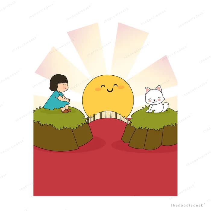Child and a white rabbit sitting on cliffs either side of a rising smiling sun