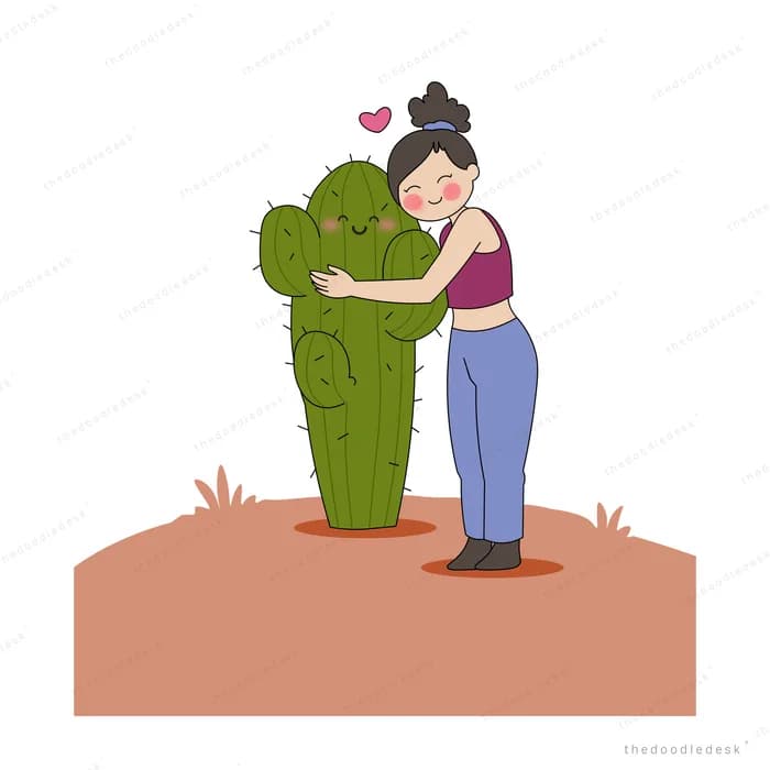 Woman wrapping her arms around a tall prickly cactus