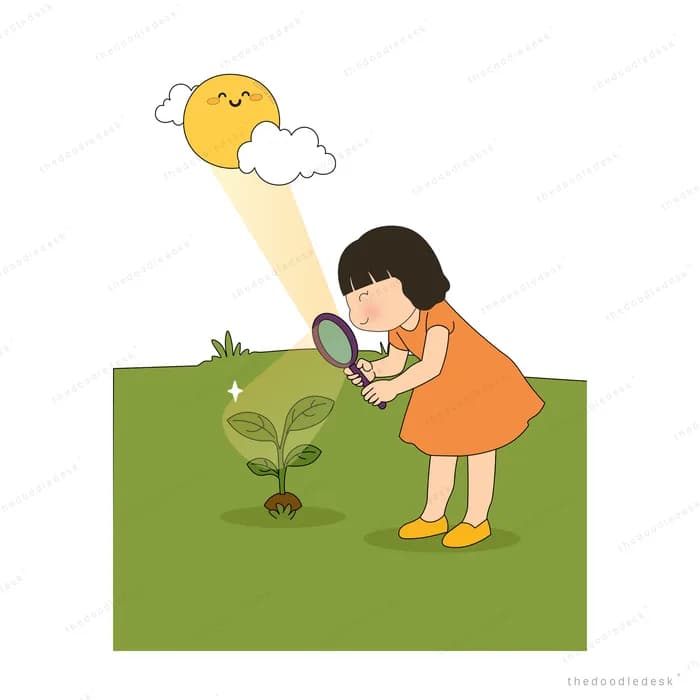 Girl in a cape examining a sprout with a magnifying glass under a sunbeam