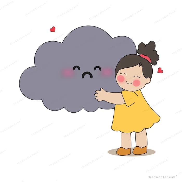 Girl in a yellow dress hugging a large sad grey cloud