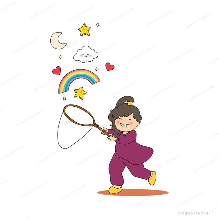 Girl swinging a net to catch falling stars under a rainbow and crescent moon