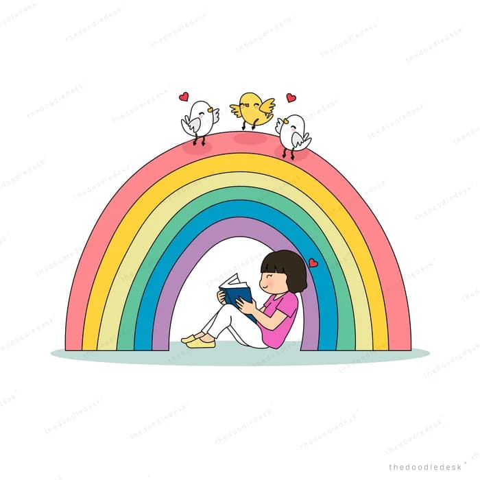 Girl sliding down under a pastel rainbow with birds perched on top