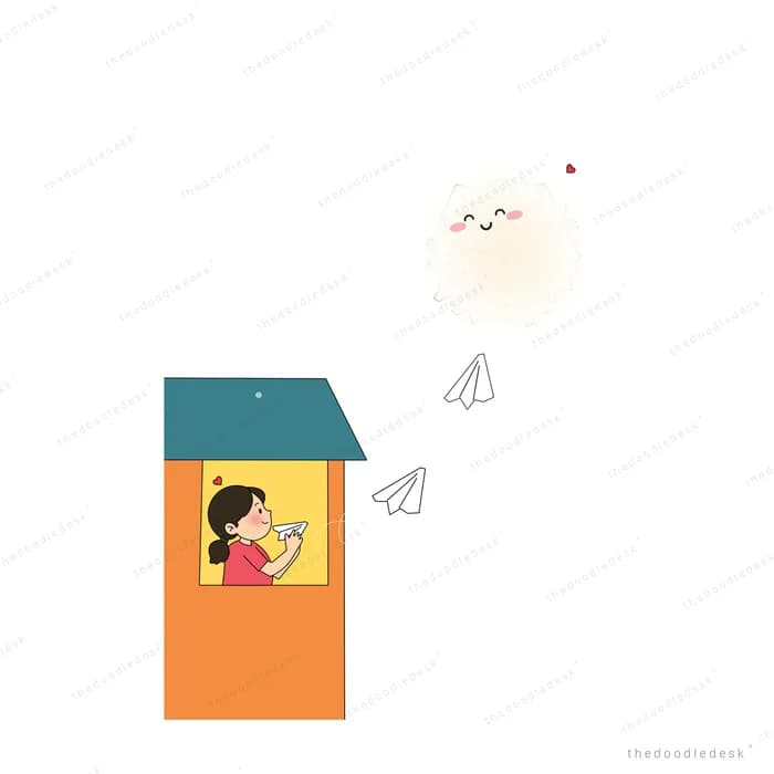 Orange mailbox with paper planes flying out beneath a scribbled cloud