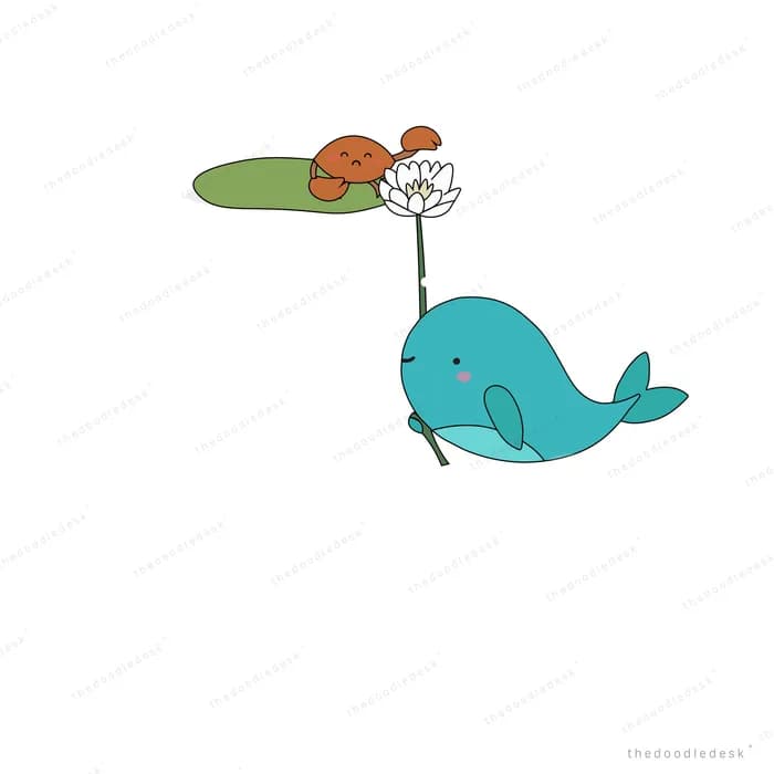 Girl riding a flying blue whale with a bird perched on a branch