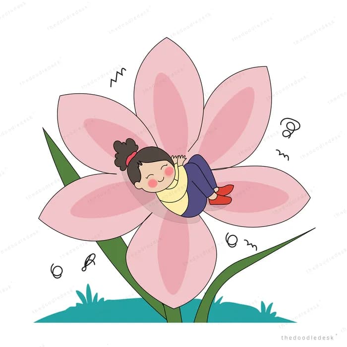 Tiny girl curled inside the petals of a huge pink flower with ants below