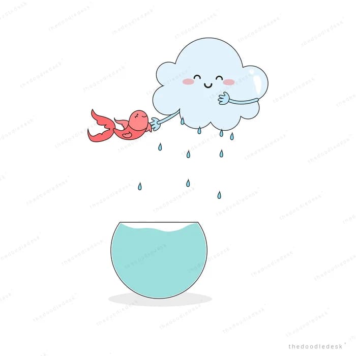 Smiling cloud raining into a round fishbowl while a red bird flies past