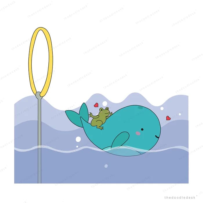 Teal whale swimming past a tall yellow leaf in shallow blue water