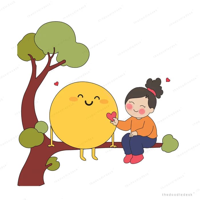 Boy sitting on a branch beside a big smiling yellow sun in a tree