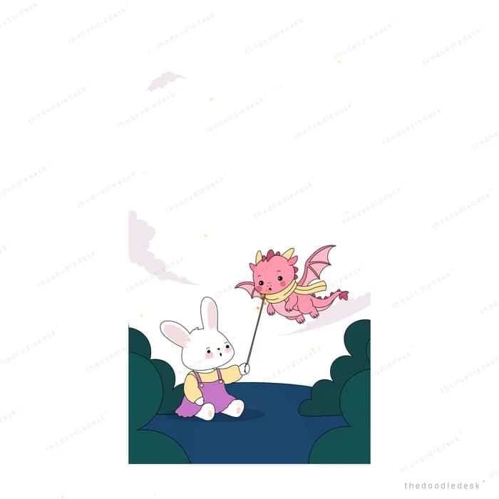 Pink dragon with a wand hovering over a teal bed with a small bear