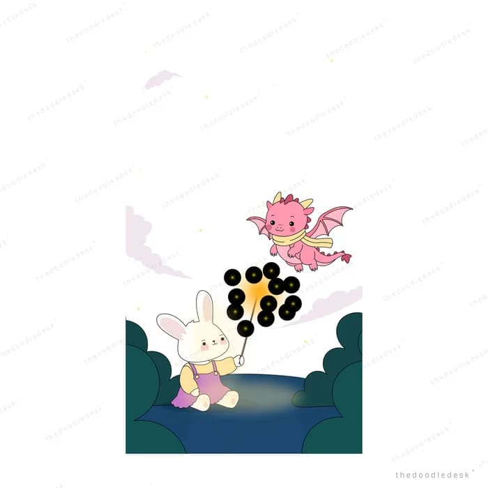 Pink dragon puffing dark smoke over a bed where a bear sits