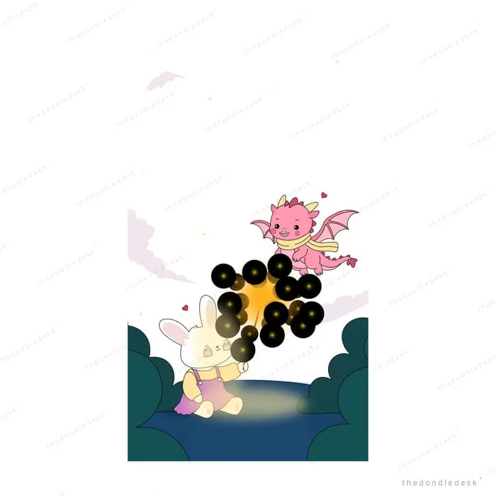 Pink dragon breathing a burst of fire over a bed with a bear