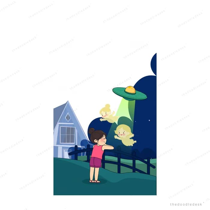 Girl by a fence reaching for a glowing green bird at night